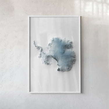 The image is a framed artwork depicting a map of Antarctica.