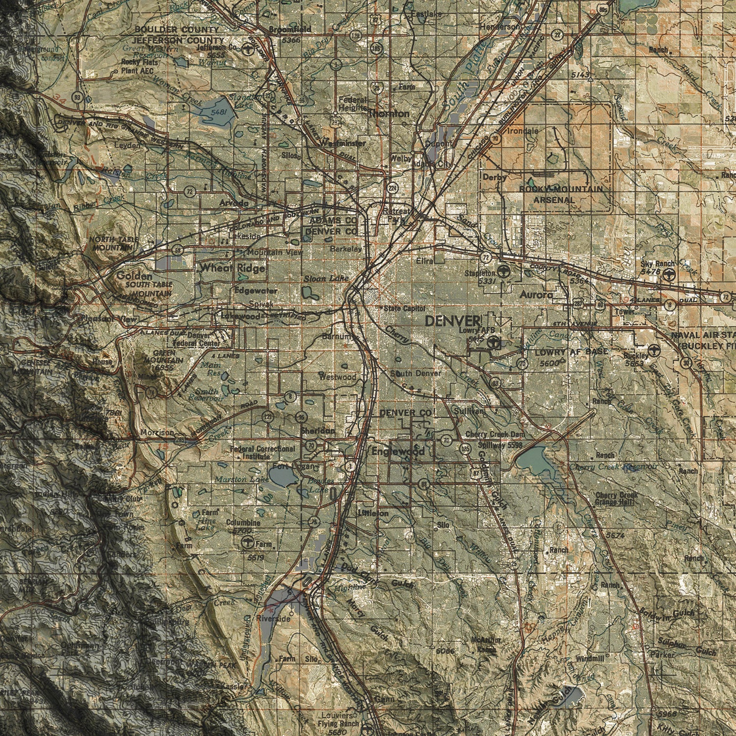 Denver, CO - Vintage Shaded Relief Map (1964)