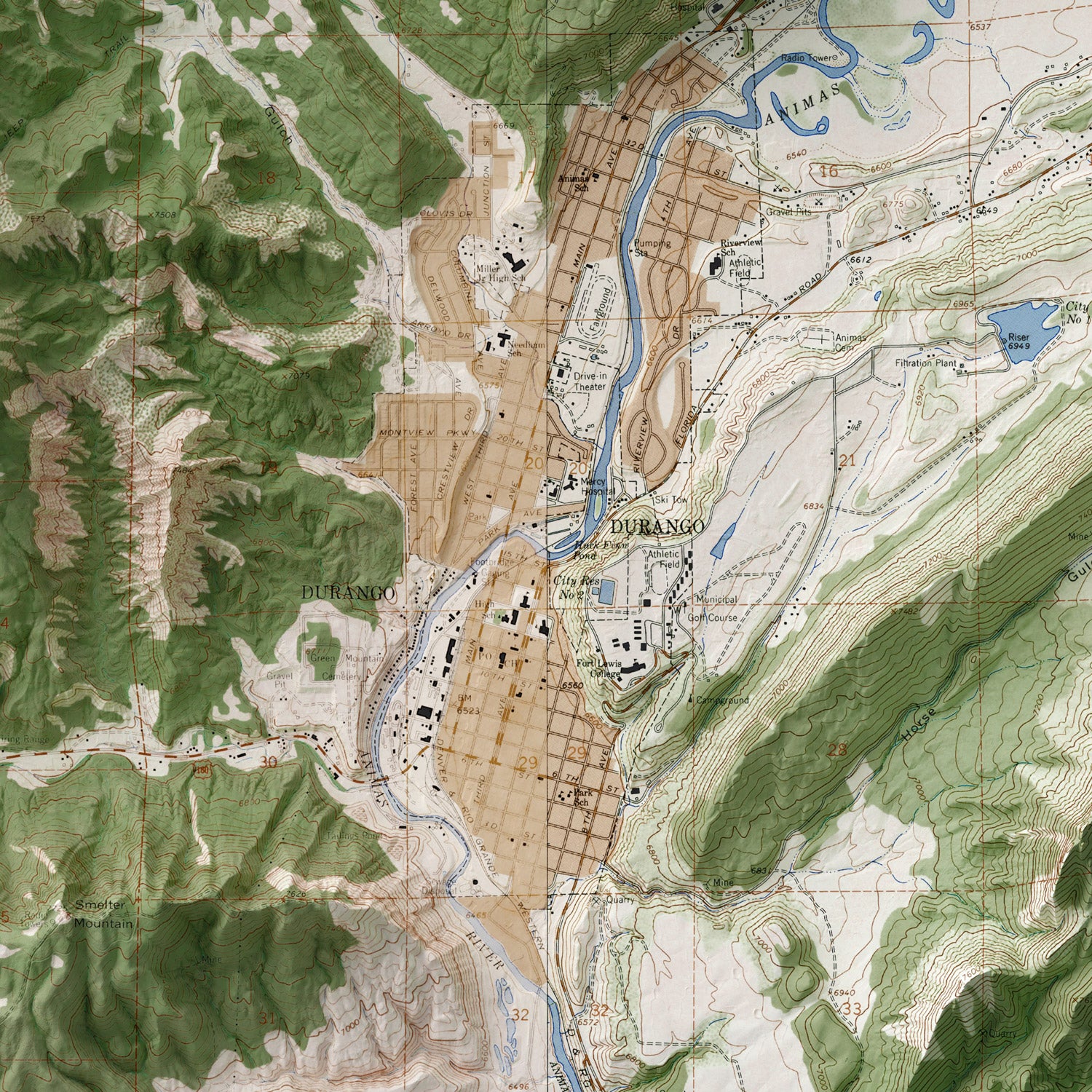 Durango, CO - Vintage Shaded Relief Map (1968)