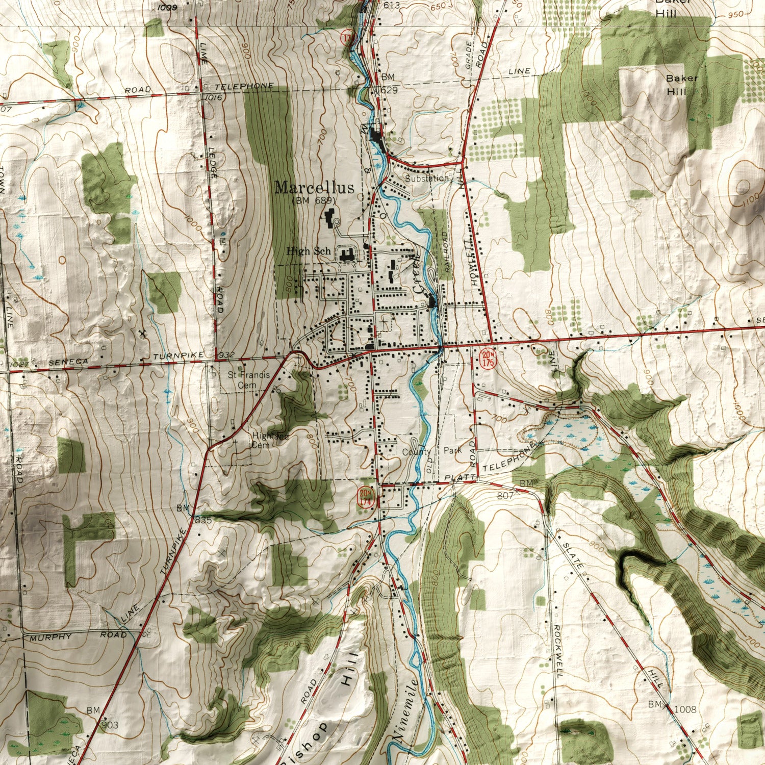 Marcellus, NY - Vintage Shaded Relief Map (1955)