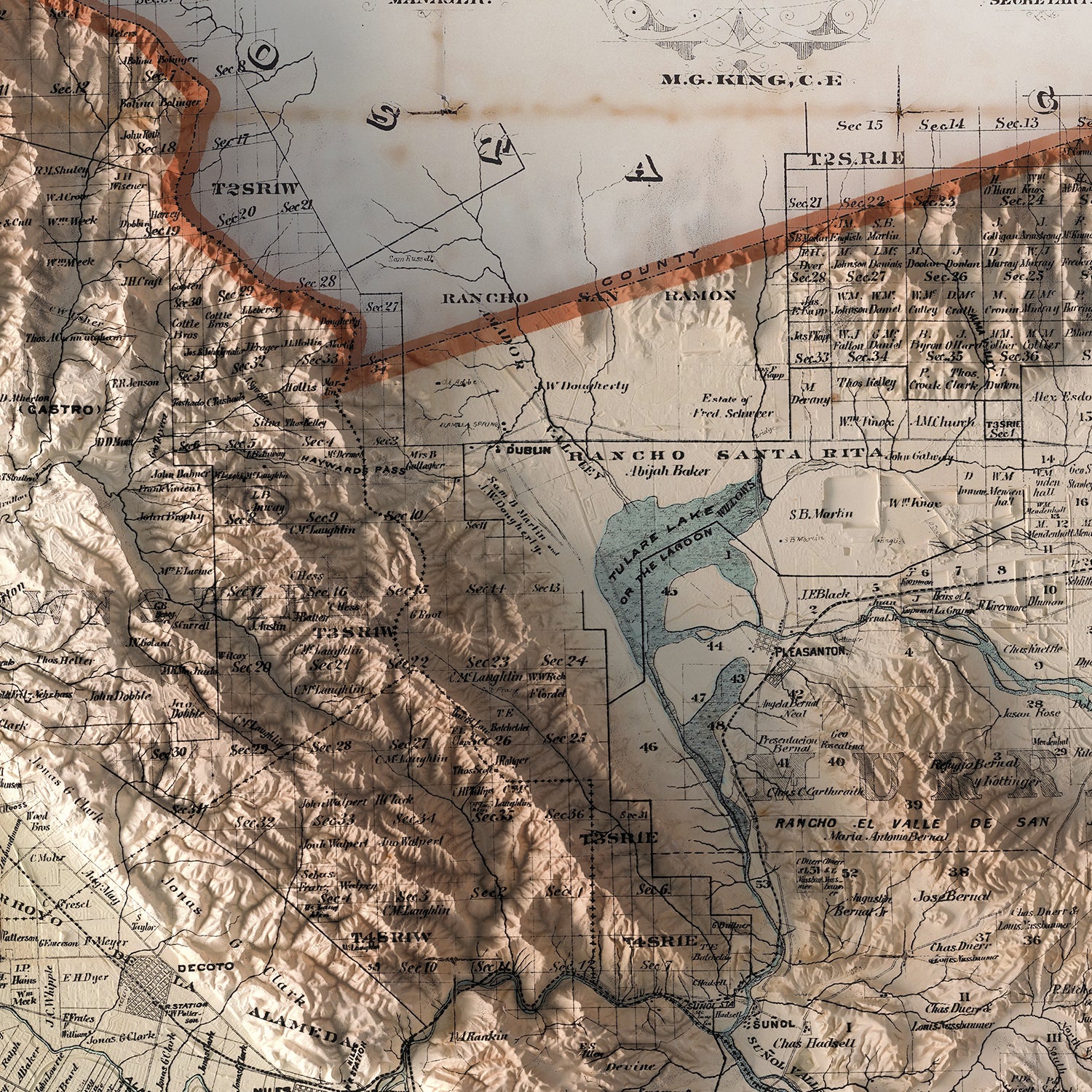 Alameda County, CA - Vintage Shaded Relief Map (1880)