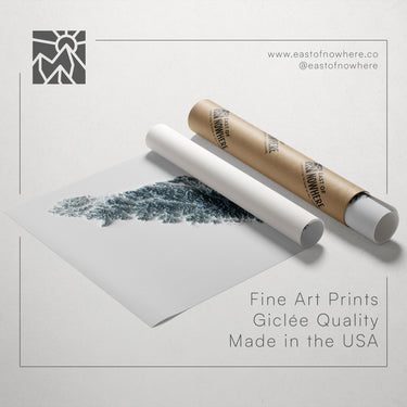 a roll of paper with a printed design on it, along with a tube of paper and a white paper. The text below the image reads "Fine Art Prints Giclette Quality Made in the USA".