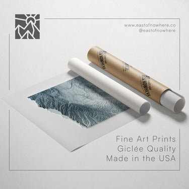 a roll of paper with a printed image of a landscape, along with text promoting fine art prints and their quality.