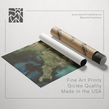 a large, detailed map of a coastal area, with a roll of paper or canvas next to it. The text below the image reads "Fine Art Prints Giclette Quality Made in the USA".