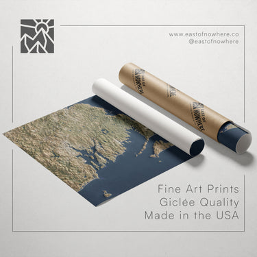 a map of the United States printed on paper, along with a roll of paper and a tube of paper, all set against a white background.