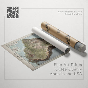 a map of South America, a roll of paper, and a tube of paper, all placed on a white background.
