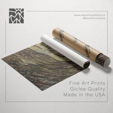 a roll of paper with a printed image of a mountain landscape, along with text promoting fine art prints made in the USA.