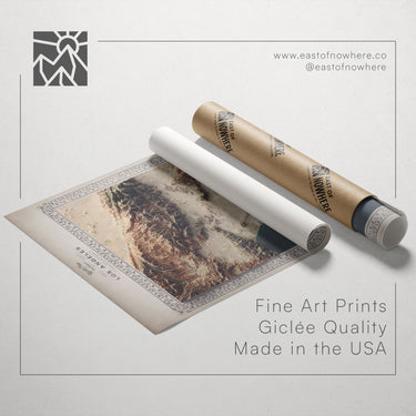 a roll of paper with a printed image of a mountain landscape, along with a tube of paper and a text box containing the text "Fine Art Prints Giclette Quality Made in the USA".