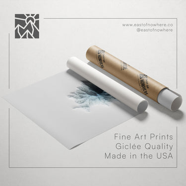 a roll of paper with a drawing of a plant on it, along with a tube of paper and a website address for fine art prints.