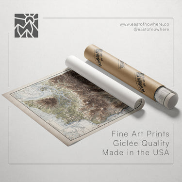 a map of the United States, along with a roll of paper and a tube of paper, all placed on a white background.