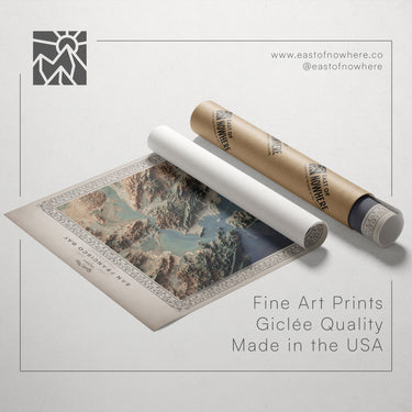 a roll of paper with a printed map of San Francisco, along with a tube of paper and a text box containing the text "Fine Art Prints Giclette Quality Made in the USA".