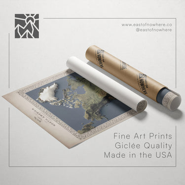 a map of North America, a roll of paper, and a tube of paper, all placed on a white background.