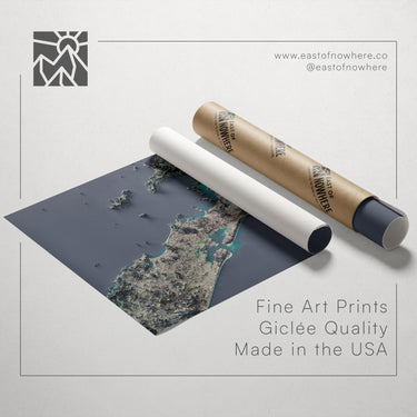 a map of the United States, along with a roll of paper and a tube of paper, all set against a white background.