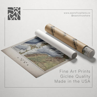 a roll of paper with a map printed on it, along with a tube of paper and a label that reads "Fine Art Prints Giclette Quality Made in the USA".