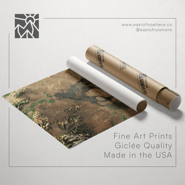 a roll of paper with a printed map of a desert landscape, along with text promoting fine art prints and their quality.