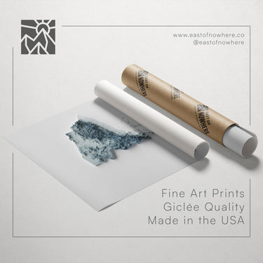 a roll of paper with a piece of artwork printed on it, along with a tube of paper and a text box containing the text "Fine Art Prints Giclette Quality Made in the USA".