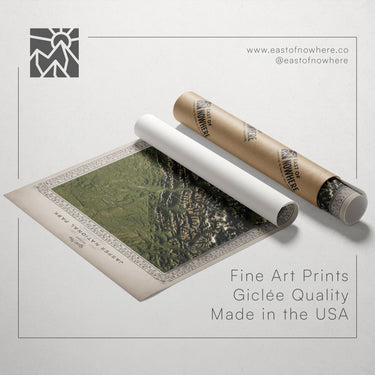 a roll of paper with a printed image of a landscape, along with text promoting fine art prints and their quality.