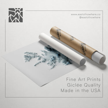 a roll of paper with a drawing of a landscape on it, along with a tube of paper and a website address for fine art prints.