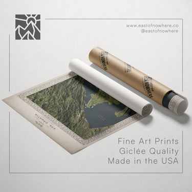a roll of paper with a printed landscape scene, along with a tube of paper and a printed poster. The text on the image reads "Fine Art Prints Giclette Quality Made in the USA".
