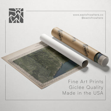 a roll of paper with a map printed on it, along with a tube of paper and a label. The text on the image reads "Fine Art Prints Giclette Quality Made in the USA".