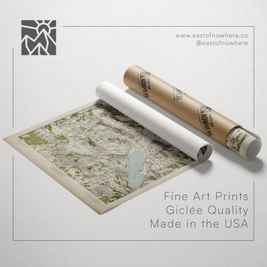 a map of a city printed on paper, with a roll of paper tape next to it. The text below the image reads "Fine Art Prints Giclette Quality Made in the USA".