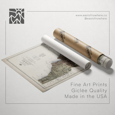a map of North America, along with a roll of paper and a tube of paper, all placed on a white background.