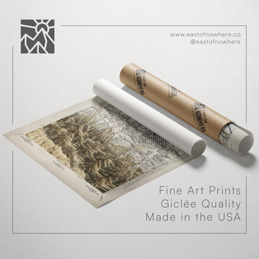 a map rolled up in a tube, along with text promoting fine art prints made in the USA.