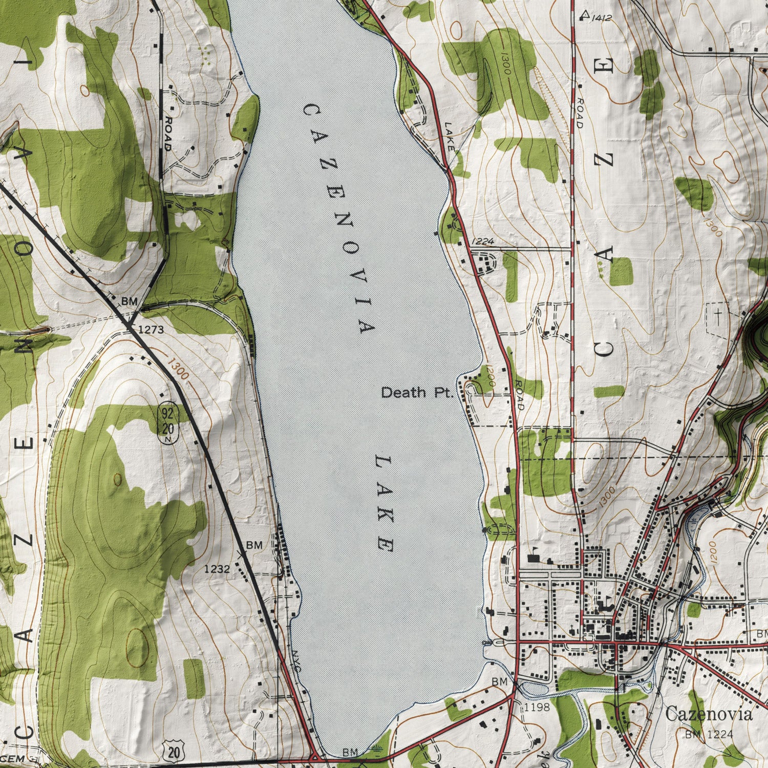 Cazenovia Lake, NY - Vintage Shaded Relief Map (1943)