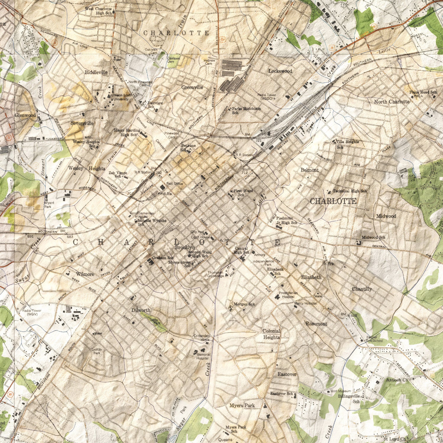 Charlotte, NC - Vintage Shaded Relief Map (1948)