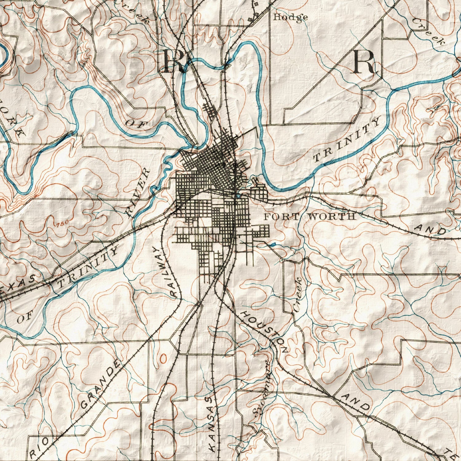 Fort Worth, TX - Vintage Shaded Relief Map (1894)