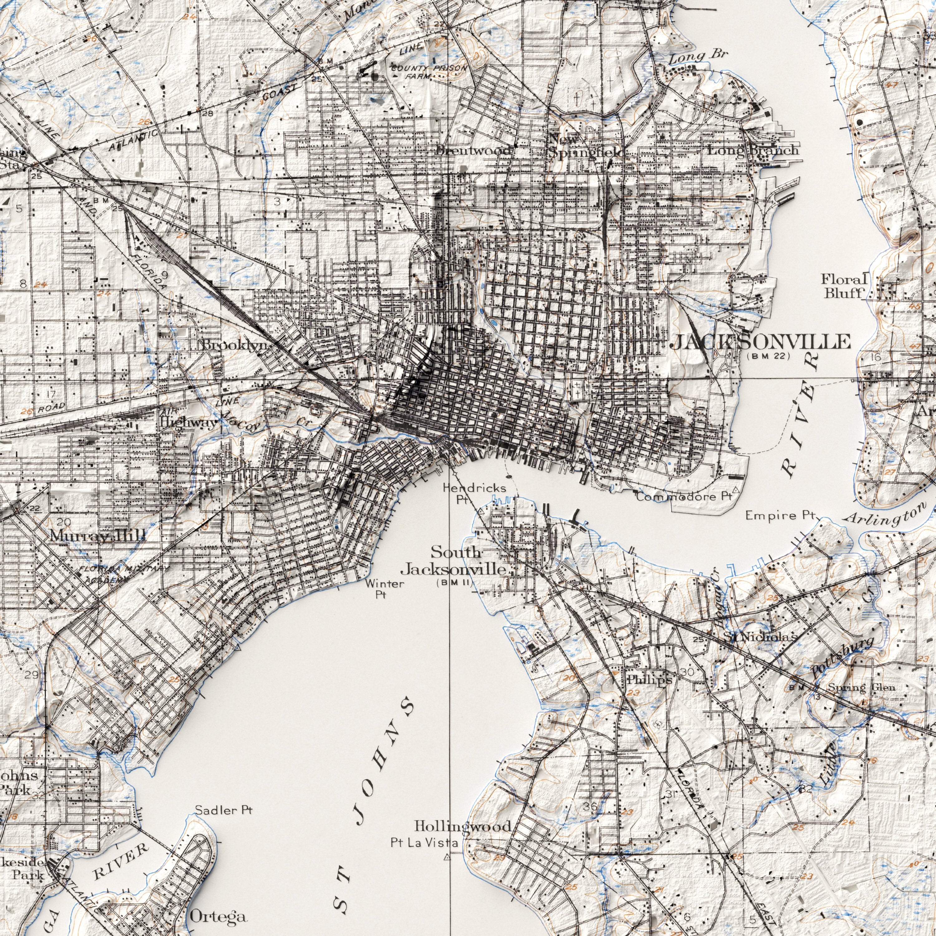 Jacksonville, FL - Vintage Shaded Relief Map (1918)