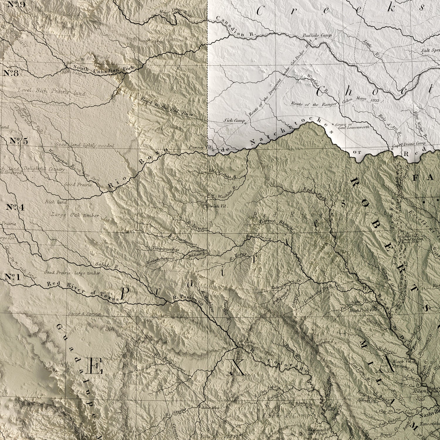 The Republic of Texas - Vintage Shaded Relief Map (1843)