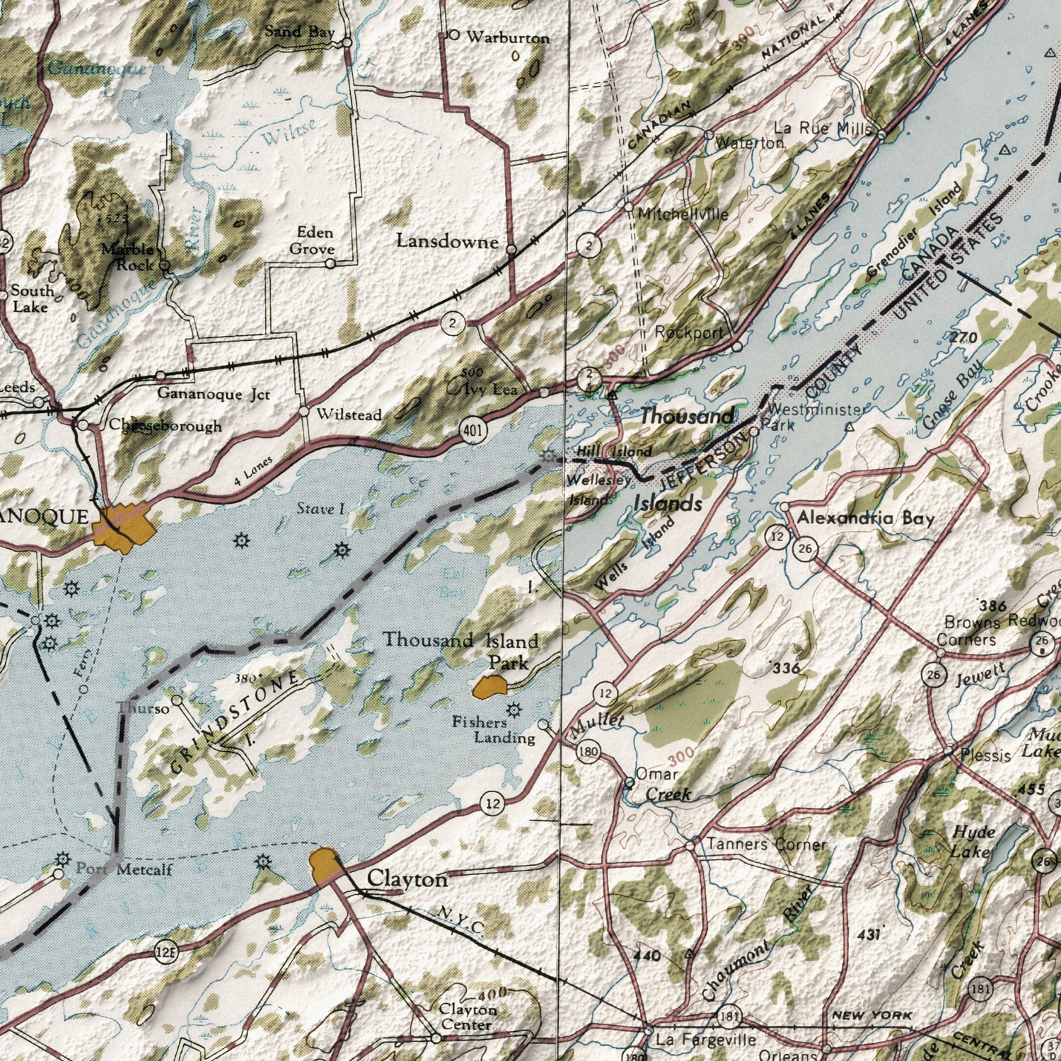 Thousand Islands, NY - Vintage Shaded Relief Map (1948)