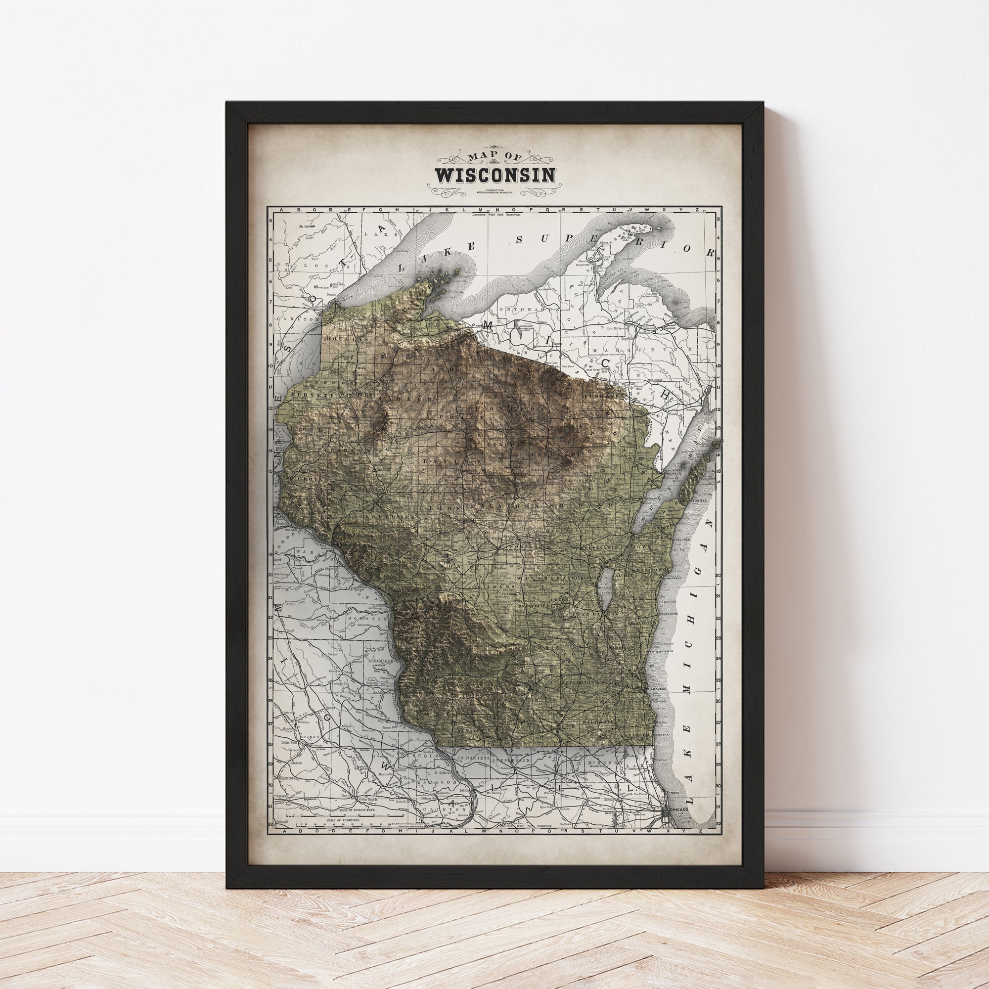 Wisconsin - Vintage Shaded Relief Map (1889)
