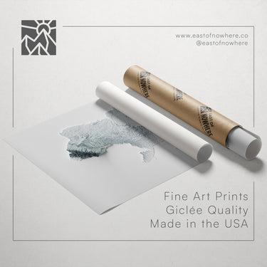 a roll of paper with a map printed on it, along with a tube of paper and a text box containing the text "Fine Art Prints Giclette Quality Made in the USA".