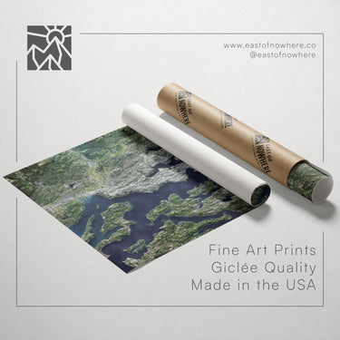 The image is an advertisement for Fine Art Prints, specifically for Giclette, a product made in the USA. The ad features a large aerial map of the United States, along with a roll of Giclette paper and a cardboard tube.