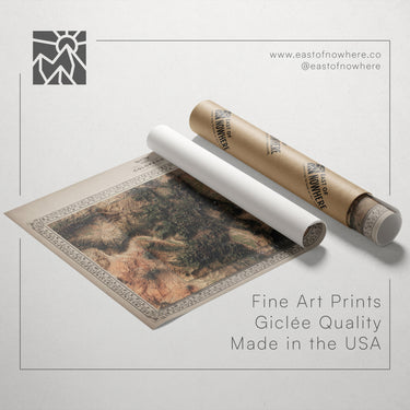 a roll of paper with a printed image of a landscape, along with text promoting fine art prints and their quality.