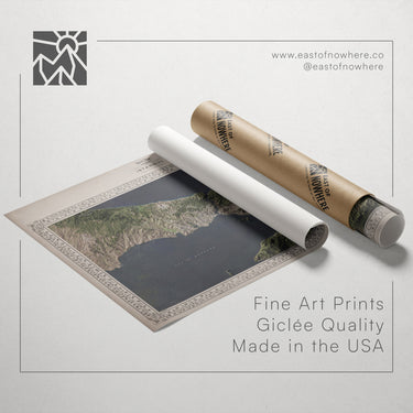 a roll of paper with a printed map of a coastal area, along with a roll of paper and a text box that reads "Fine Art Prints Giclette Quality Made in the USA".