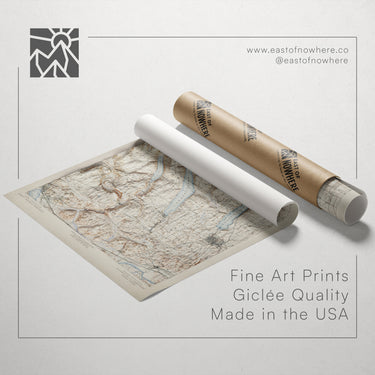 a map rolled up in a tube, along with text promoting fine art prints made in the USA.