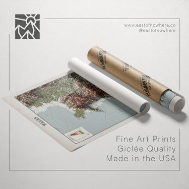 a map of the United States, along with a roll of paper and a tube of paper, all placed on a white background.