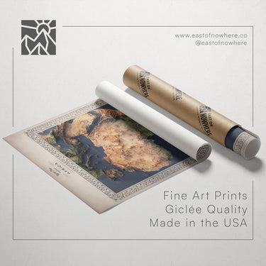 a map of the Middle East and North Africa region, along with a roll of paper and a tube of paper, all placed on a white background.