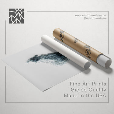 a roll of paper with a drawing of a landscape on it, along with a tube of paper and a website address for fine art prints.