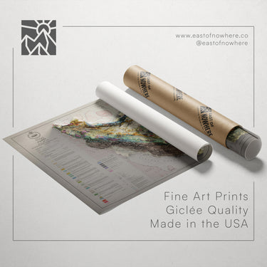 a map printed on paper and a roll of paper tape, both labeled as "Fine Art Prints" and "Giclette Quality Made in the USA".