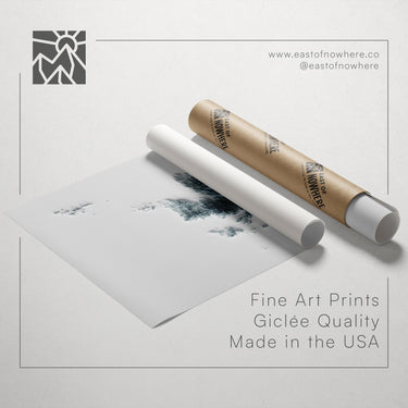 a roll of paper with a drawing of a landscape, along with text promoting fine art prints made in the USA.