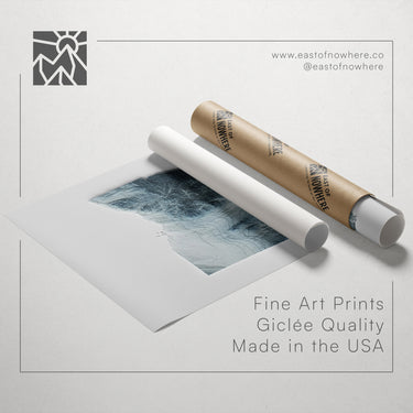 a roll of paper with a printed image on it, along with a tube of paper and a text overlay promoting fine art prints made in the USA.