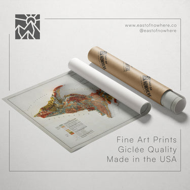 a map of the United States, along with a roll of paper and a tube of paper, all placed on a white background.