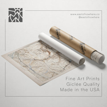 a map rolled up in a tube, along with text promoting fine art prints made in the USA.