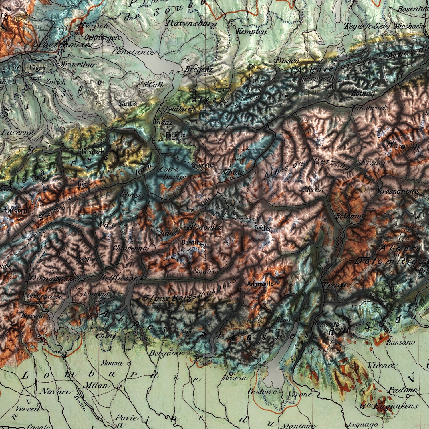 The Alps - Vintage Shaded Relief Map (1921)