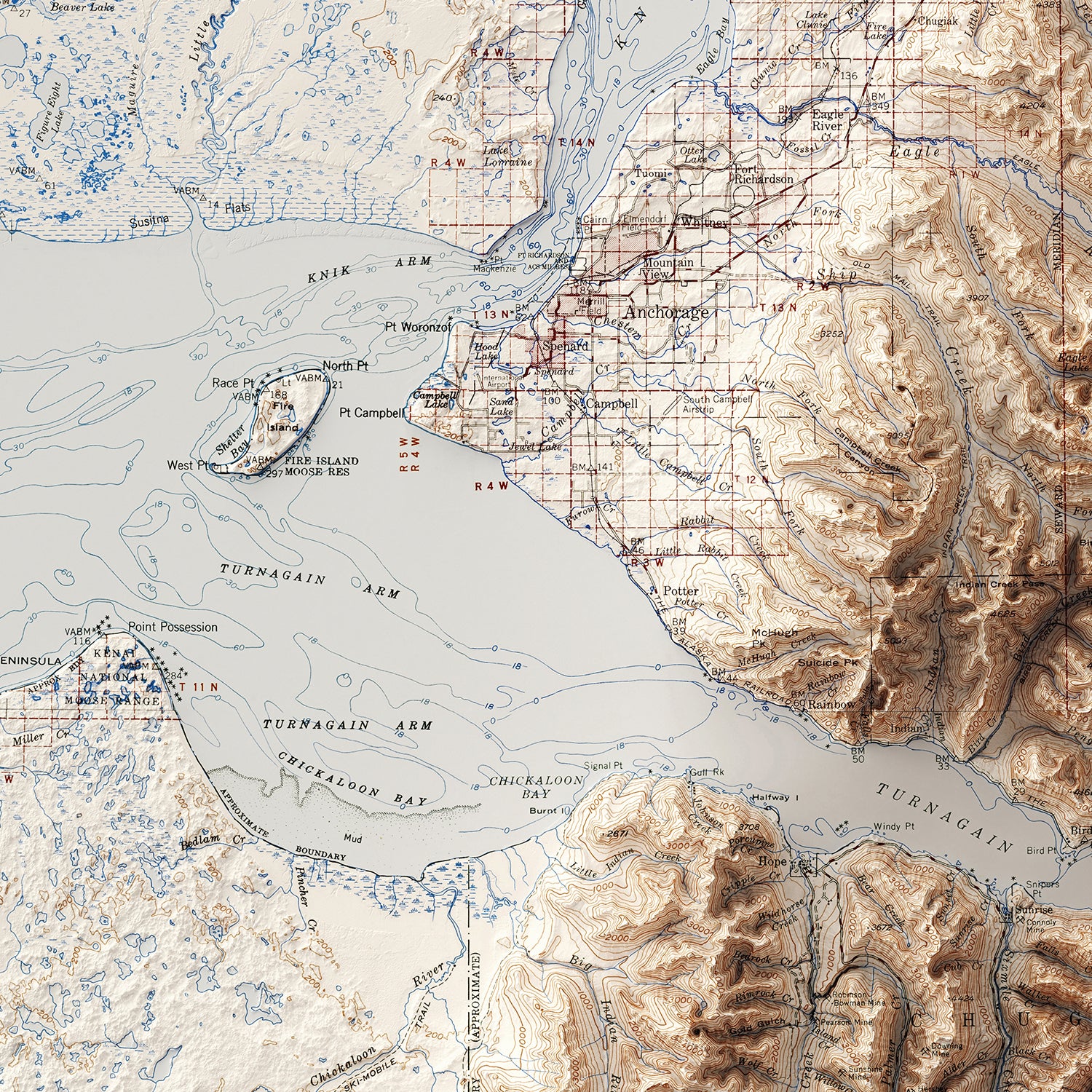 Anchorage, AK - Vintage Shaded Relief Map (1951)