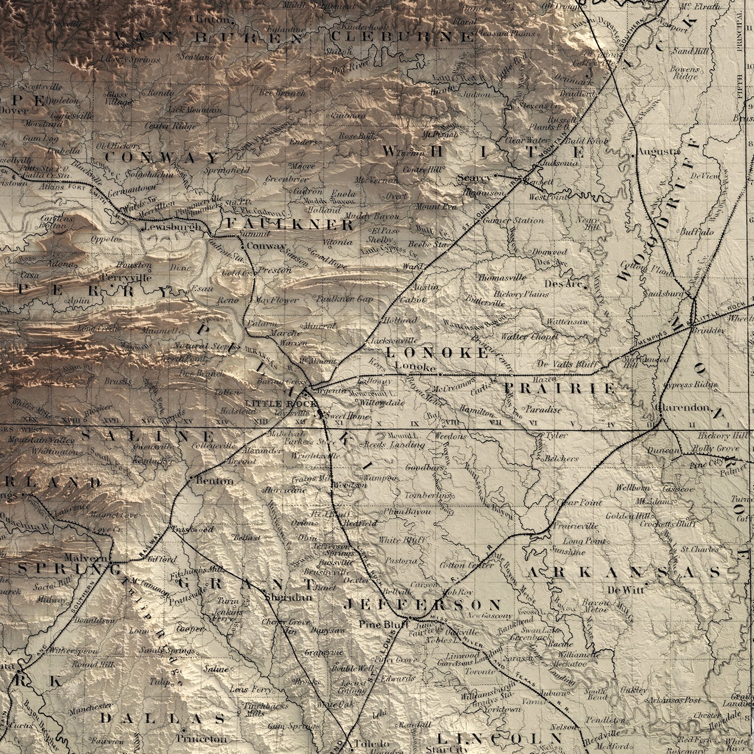 Arkansas - Vintage Shaded Relief Map (1876)